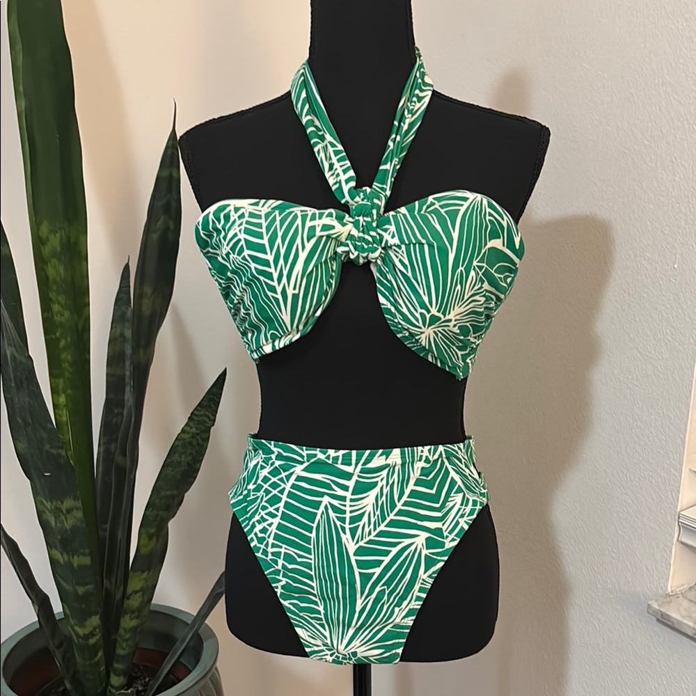 Green Leaf Print Bikini Set